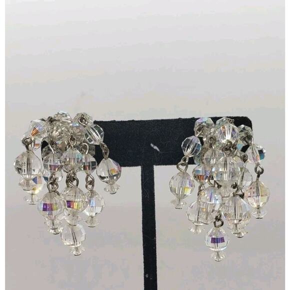 Vintage Earrings AB Crystal Waterfall Chandelier Clip Iridescent Rare Laguna - Picture 1 of 8